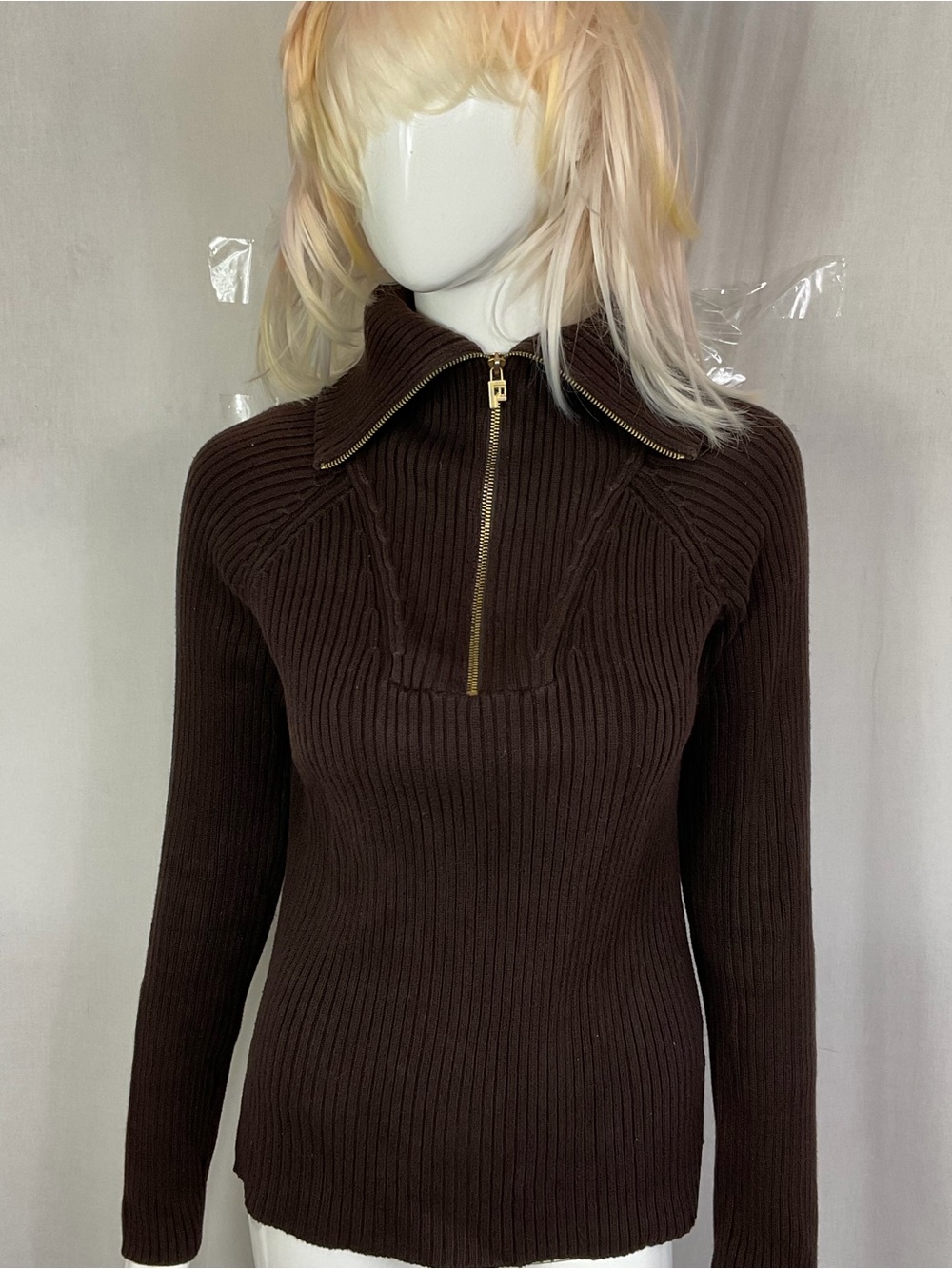 Lauren Ralph Lauren Brown Quarter Zip Knit Ribbed Sweater Size M - Picture 3 of 12